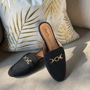 Brand NEW Black Faux Suede Mules with Gold Detail